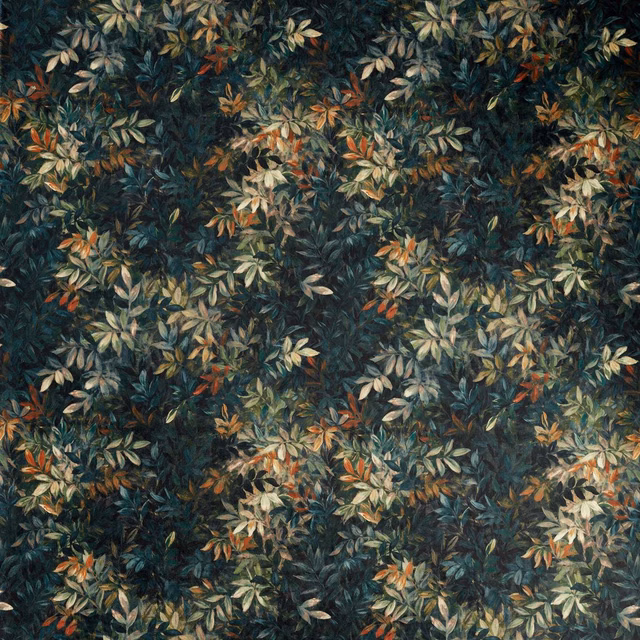 Deep teal botanical fabric with sage, cream and rust leaves in dense repeat