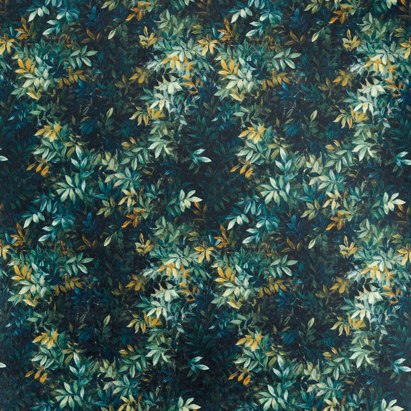 Dense forest-green foliage with teal, sage and ochre leaves on a dark ground