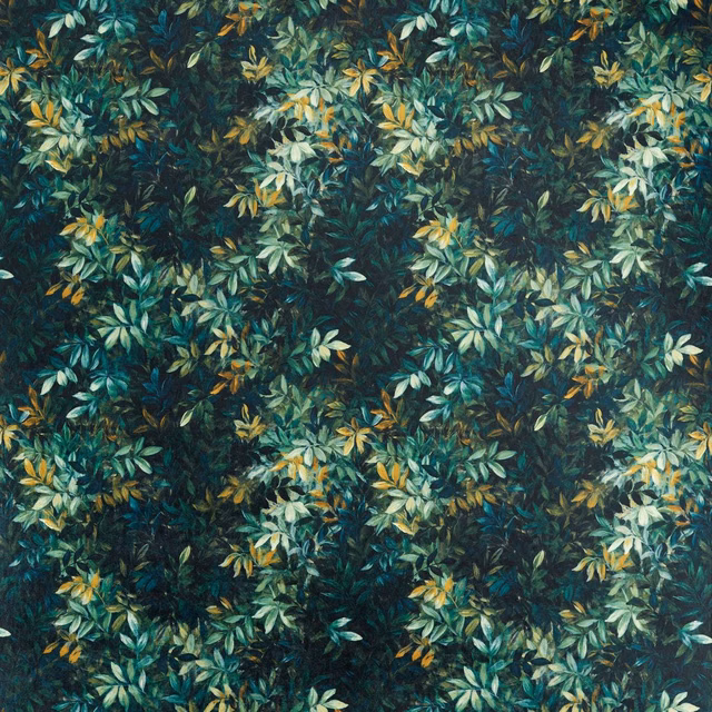 Dense forest-green foliage with teal, sage and ochre leaves on a dark ground