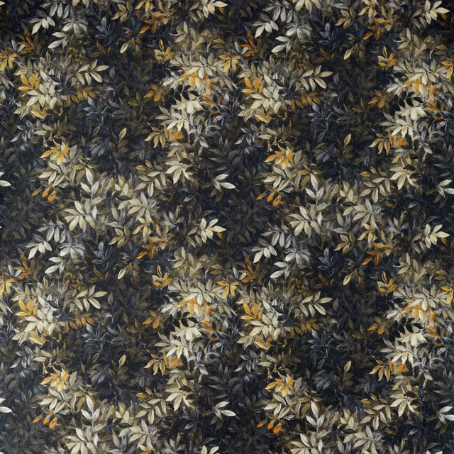 Dark charcoal foliage with olive, ivory and ochre leaves in dense repeat