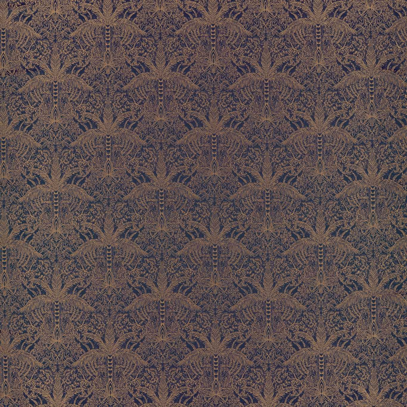 Antique bronze and ink-blue mirrored botanical pattern on a dark woven ground