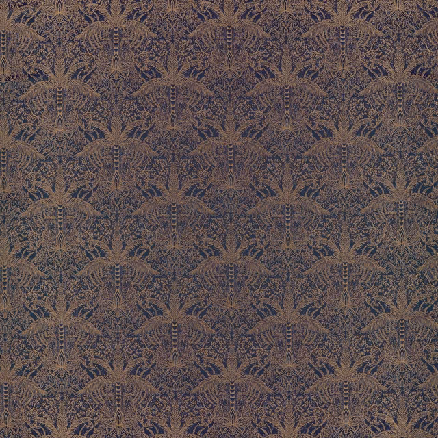 Antique bronze and ink-blue mirrored botanical pattern on a dark woven ground