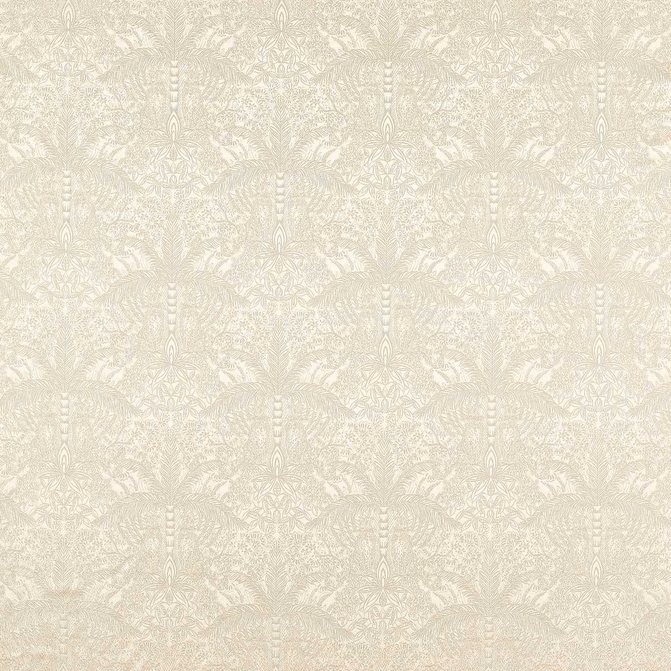Champagne ivory textile with softly textured, repeating pale exotic motifs