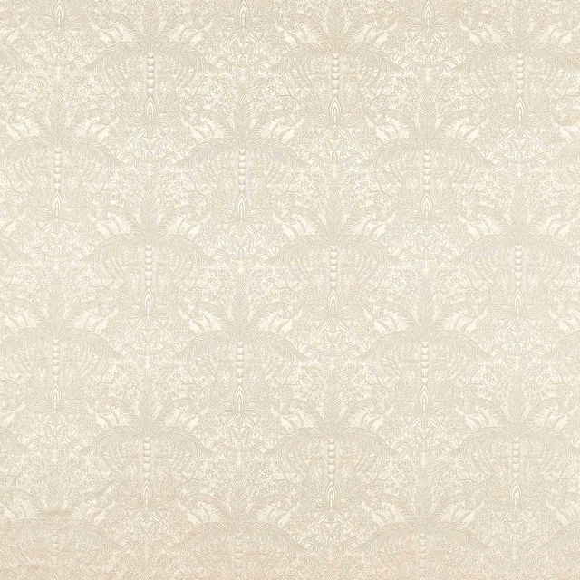 Champagne ivory textile with softly textured, repeating pale exotic motifs