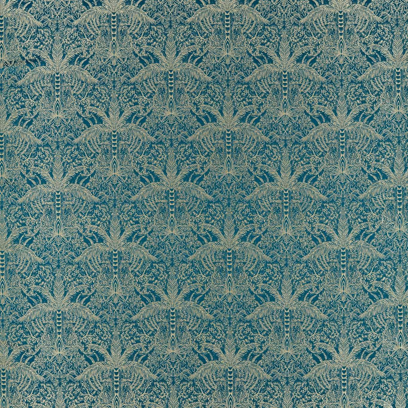 Deep kingfisher teal fabric with pale symmetrical palm and fern motifs