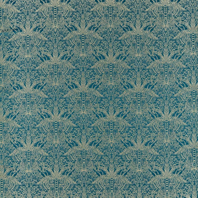 Deep kingfisher teal fabric with pale symmetrical palm and fern motifs
