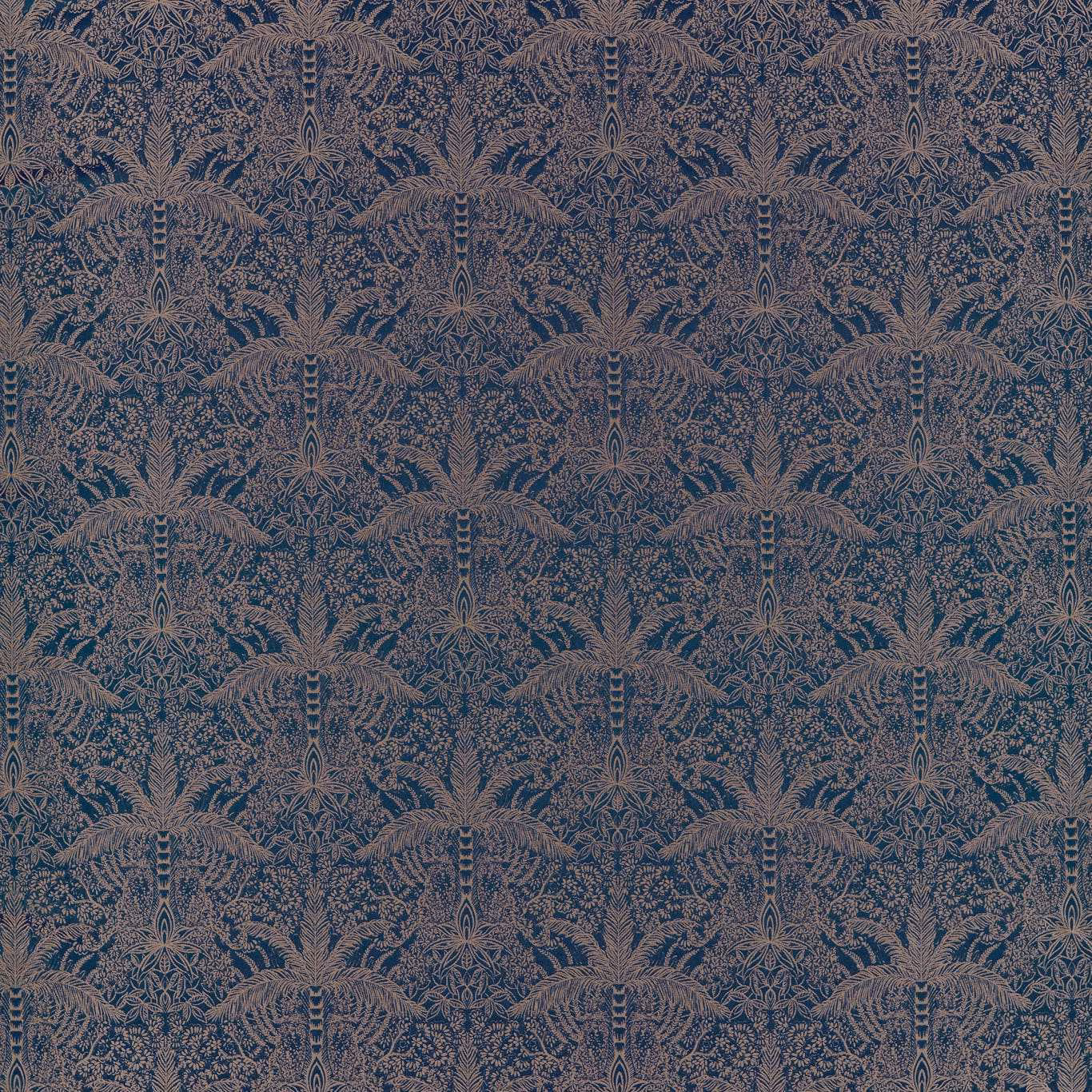 Midnight blue textile with muted copper fan-like foliage in a dense repeat