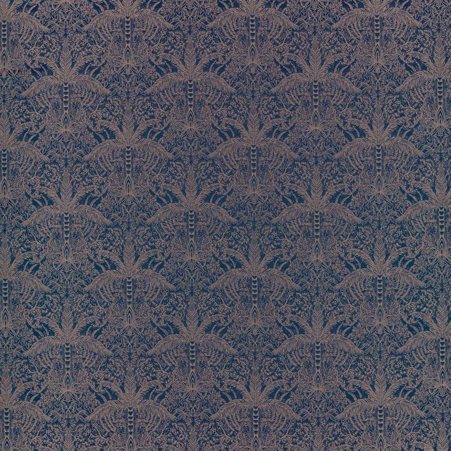 Midnight blue textile with muted copper fan-like foliage in a dense repeat