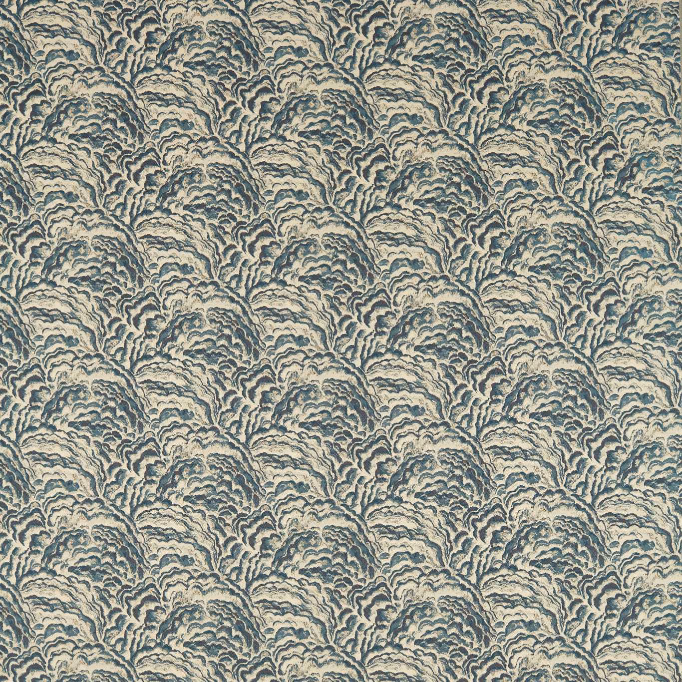 Layered kingfisher teal, cream and blue-grey fan motifs on a softly textured fabric swatch