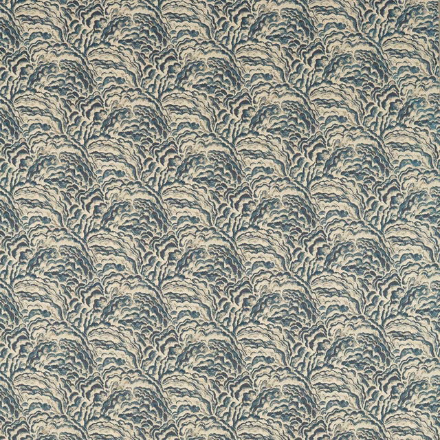 Layered kingfisher teal, cream and blue-grey fan motifs on a softly textured fabric swatch