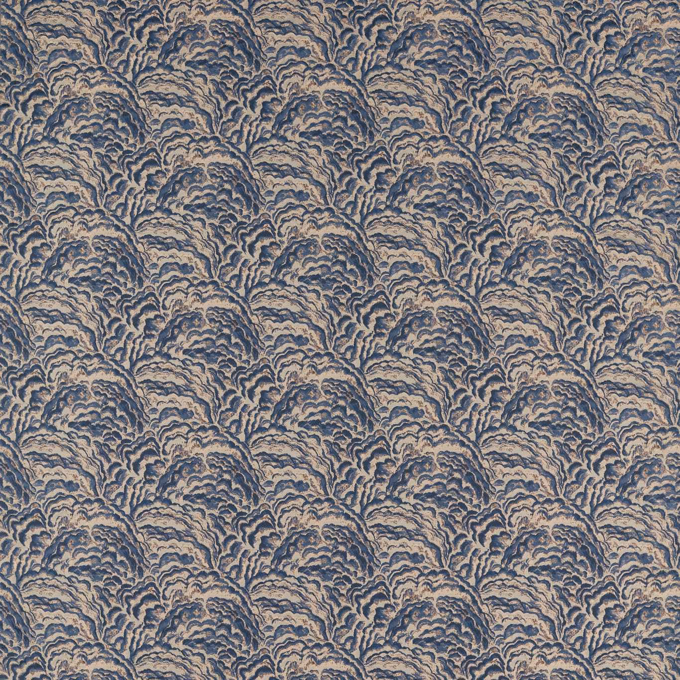 Midnight blue fabric with layered copper scallop motifs and softly ridged texture