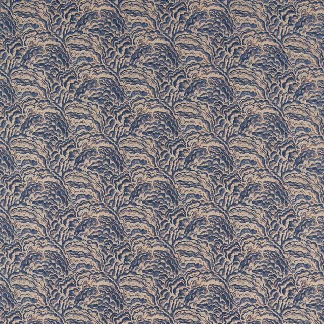 Midnight blue fabric with layered copper scallop motifs and softly ridged texture