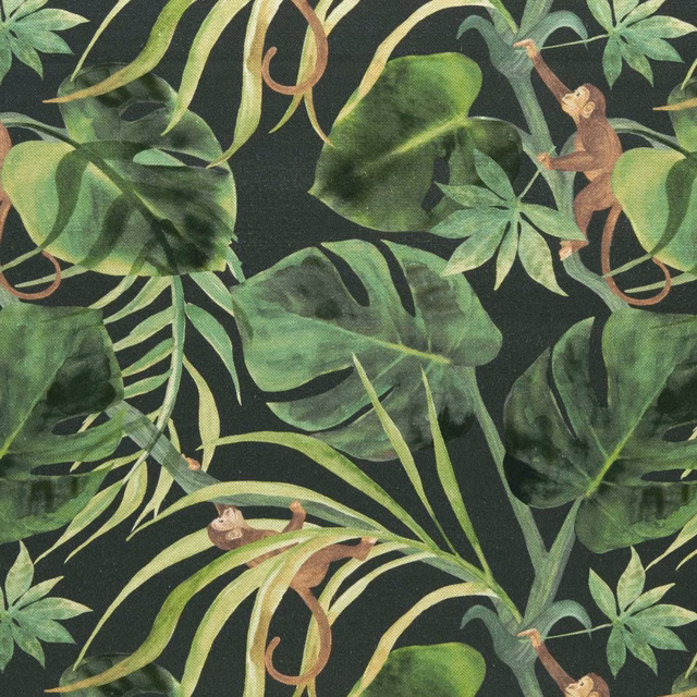 Charcoal fabric with painterly green jungle leaves and small brown monkeys