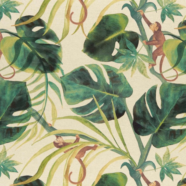 Cream jungle-print fabric with layered green leaves, vines and brown monkeys
