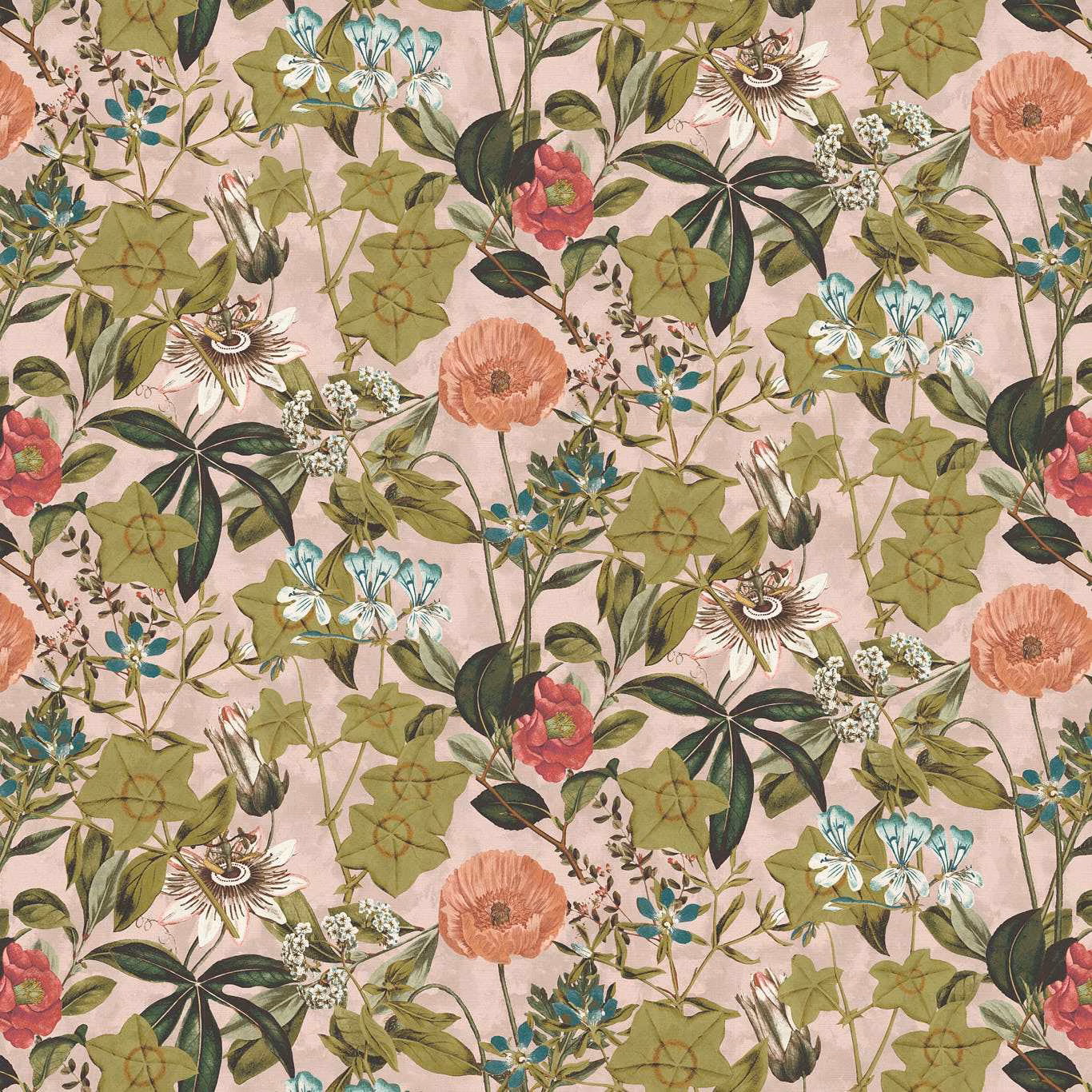 Blush pink velvet with coral poppies, turquoise flowers and olive botanical vines