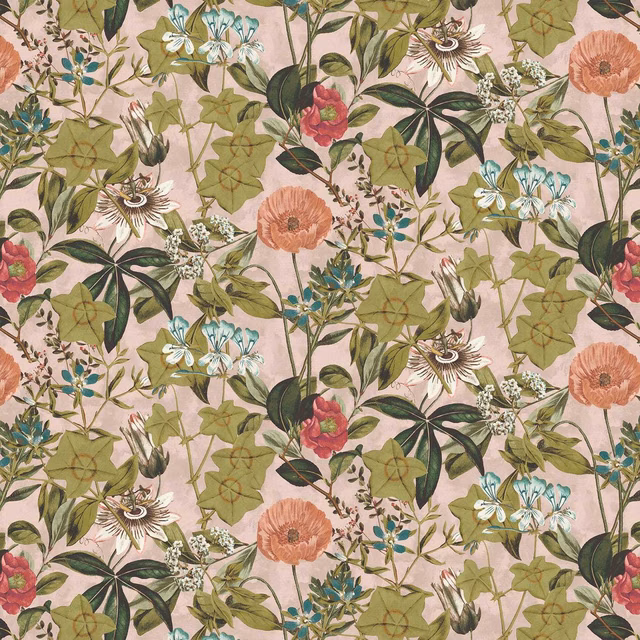 Blush pink velvet with coral poppies, turquoise flowers and olive botanical vines