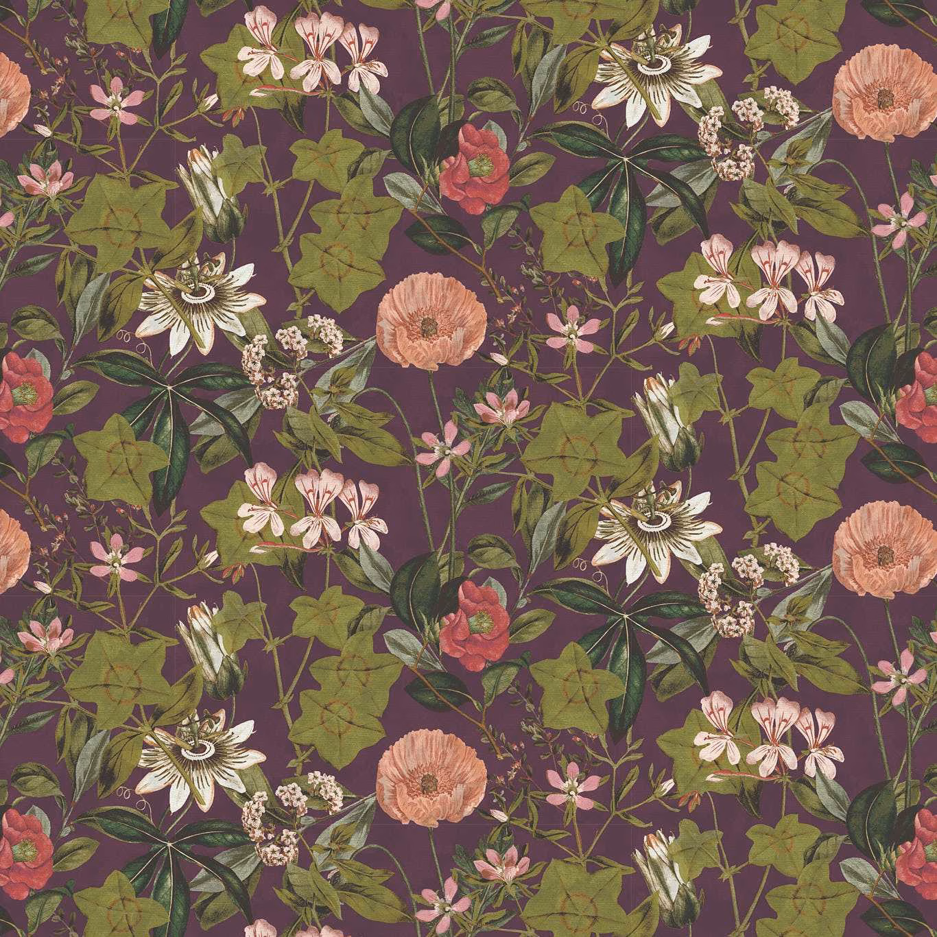 Deep mulberry velvet with olive vines, coral blooms and cream flowers