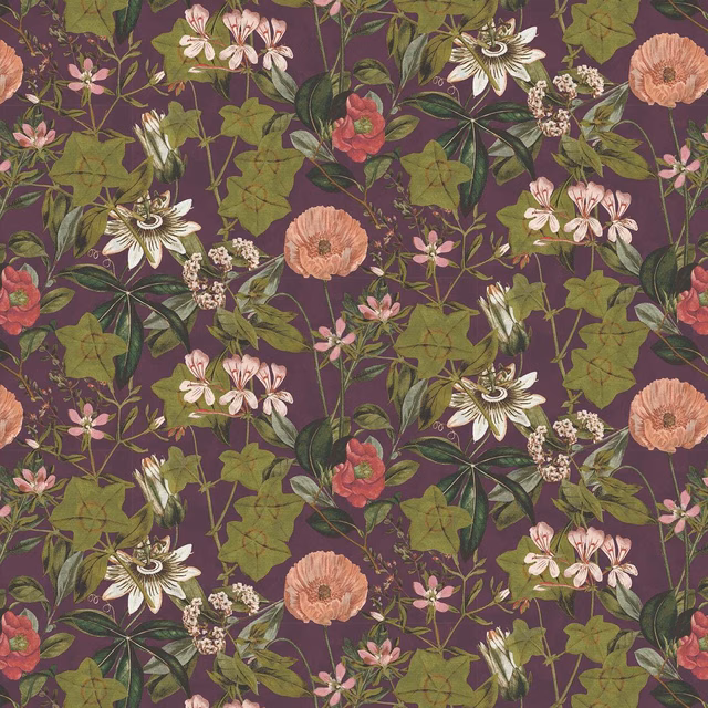 Deep mulberry velvet with olive vines, coral blooms and cream flowers