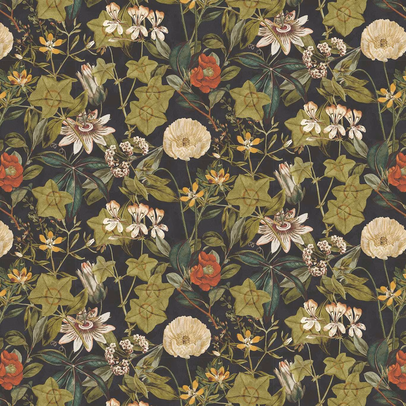 Charcoal velvet with cream passionflowers, olive foliage and rust-red blooms