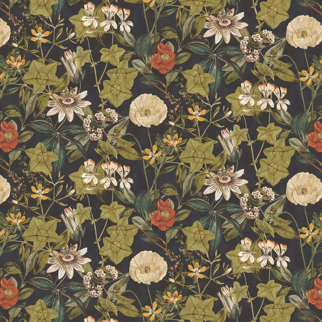 Charcoal velvet with cream passionflowers, olive foliage and rust-red blooms