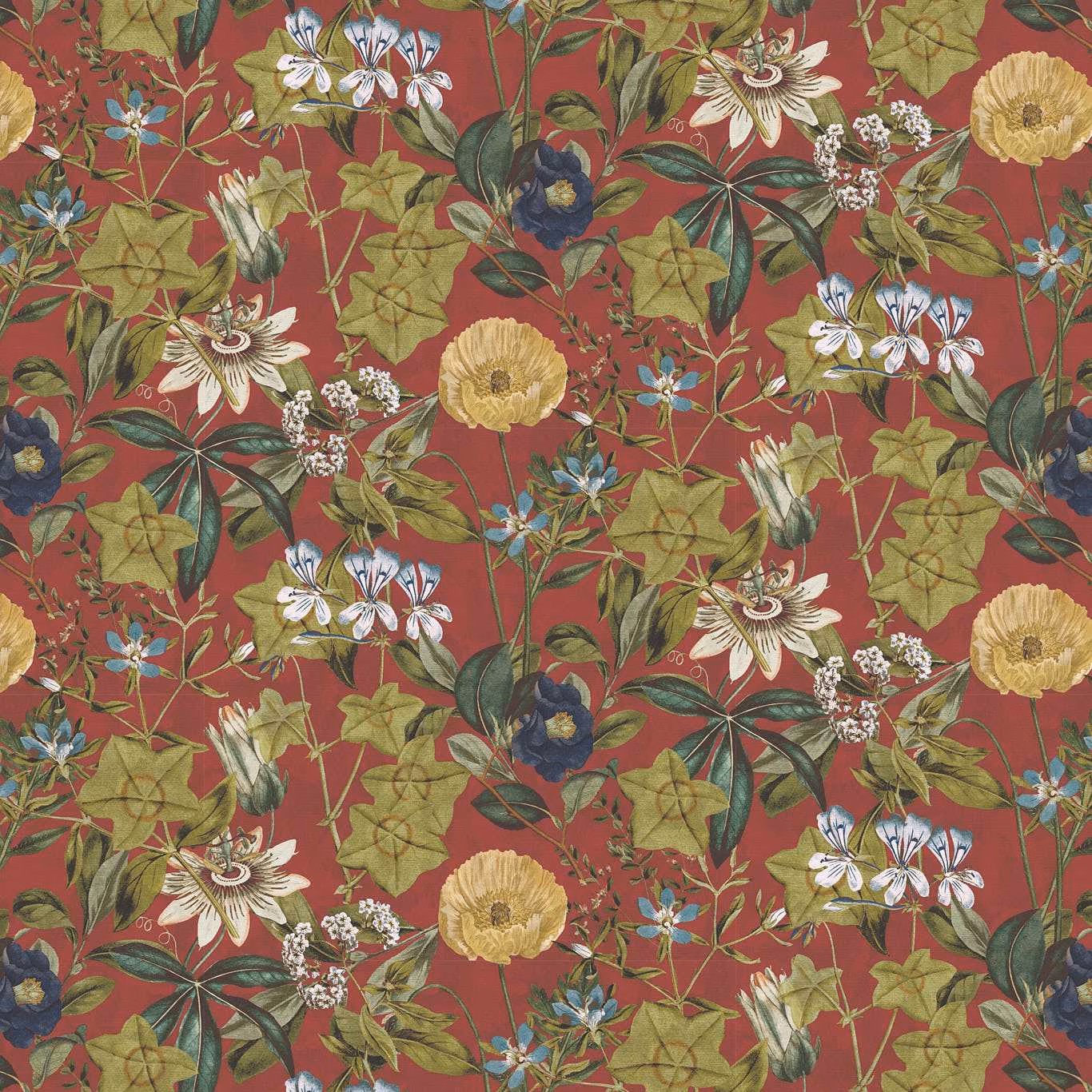 Deep rouge velvet with cream flowers, olive leaves, blue blooms and ochre blossoms