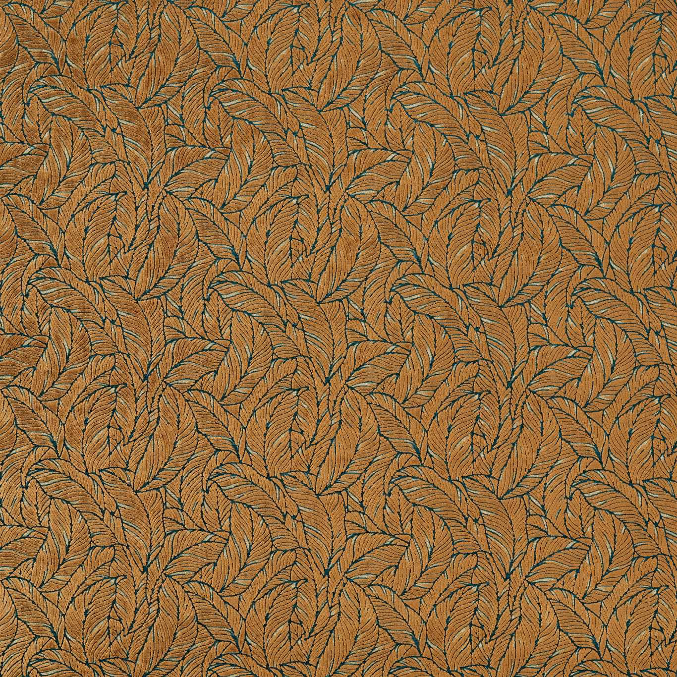 Burnished antique-gold woven fabric with dense charcoal-outlined, blue-green leaf motifs