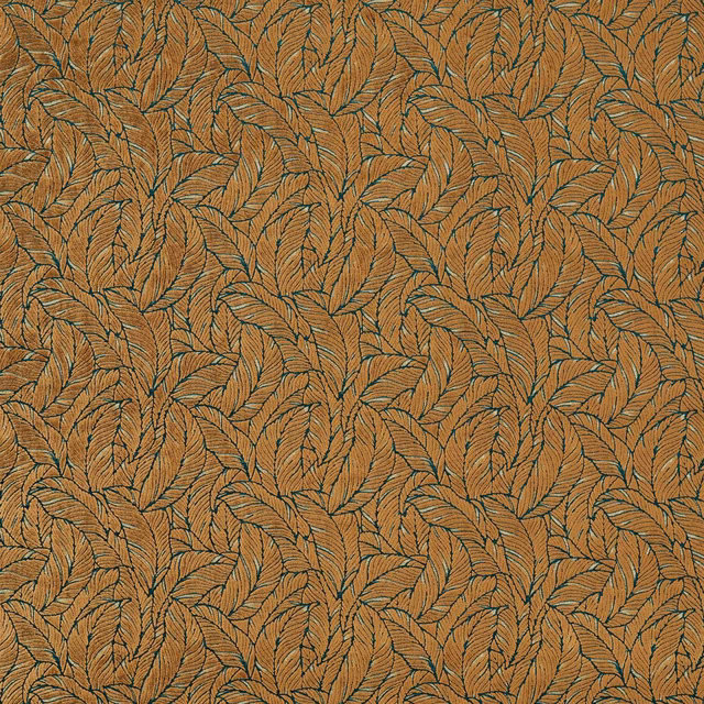 Burnished antique-gold woven fabric with dense charcoal-outlined, blue-green leaf motifs