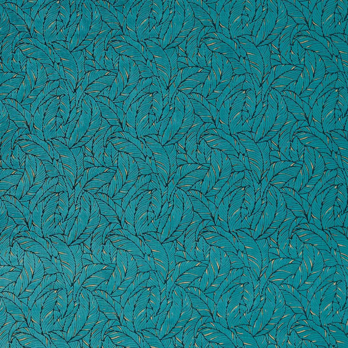Emerald teal upholstery fabric with dense dark-outlined overlapping leaf motifs