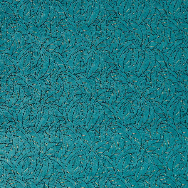Emerald teal upholstery fabric with dense dark-outlined overlapping leaf motifs