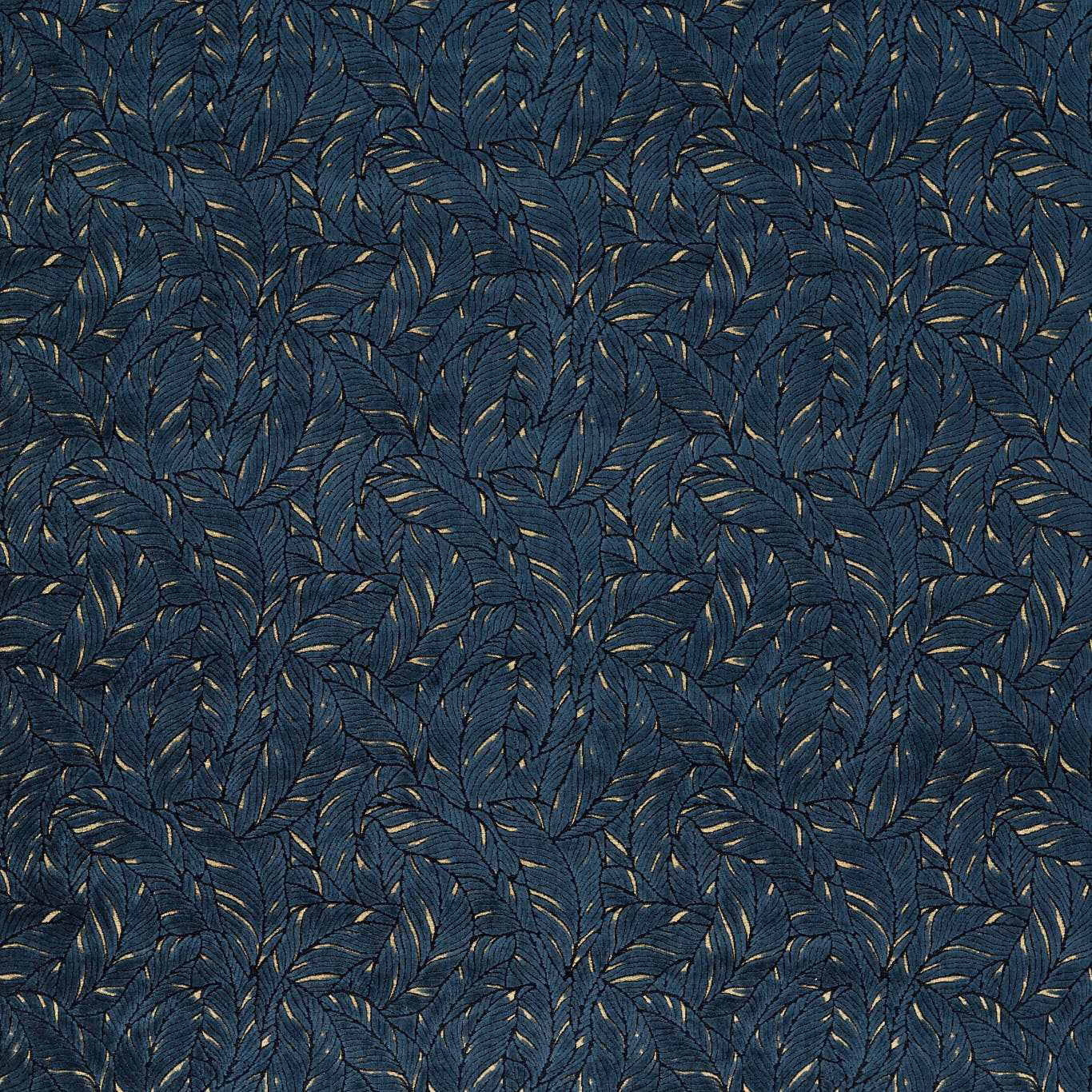 Midnight-blue woven fabric with sweeping gold leaf motifs and textured blue ground
