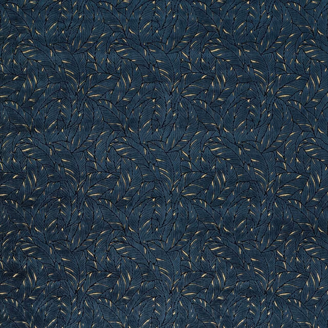 Midnight-blue woven fabric with sweeping gold leaf motifs and textured blue ground