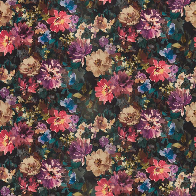 Amethyst, emerald and coral flowers on a dark painterly floral ground
