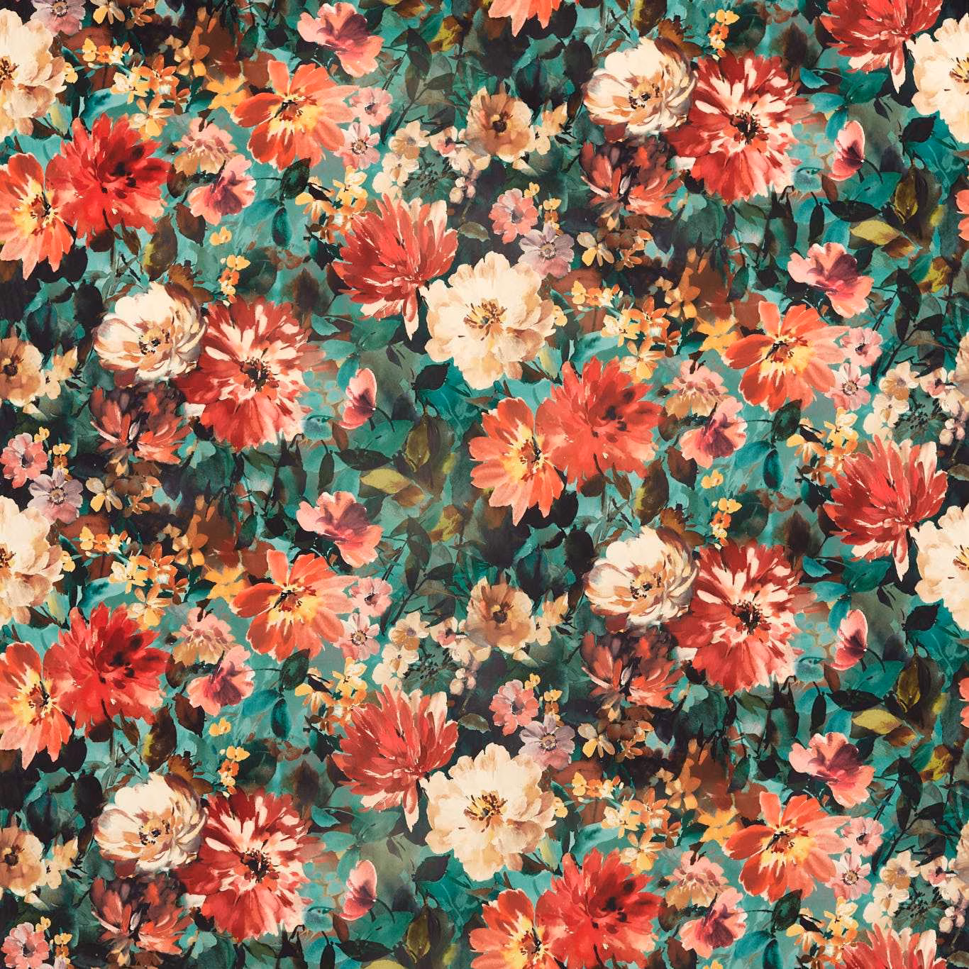 Dark mineral-teal floral fabric with crimson, coral, cream and peach blooms.