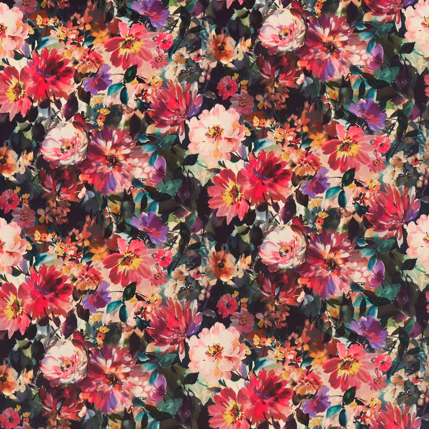 Saturated fuchsia floral blooms and teal leaves on a near-black ground