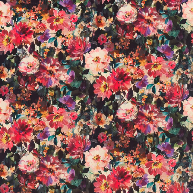 Saturated fuchsia floral blooms and teal leaves on a near-black ground