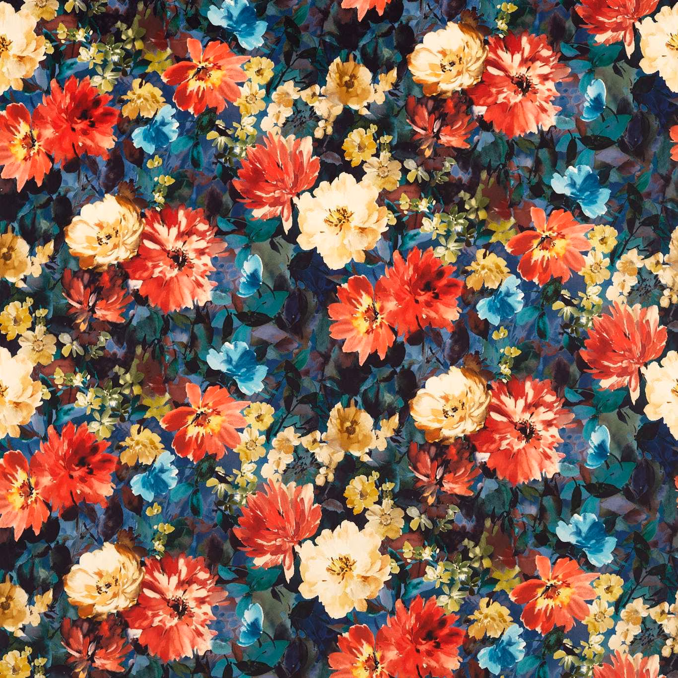 Midnight floral fabric with coral, cream, teal and blue painterly blooms