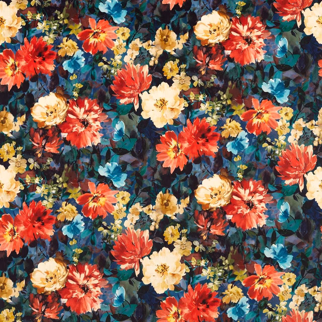 Midnight floral fabric with coral, cream, teal and blue painterly blooms