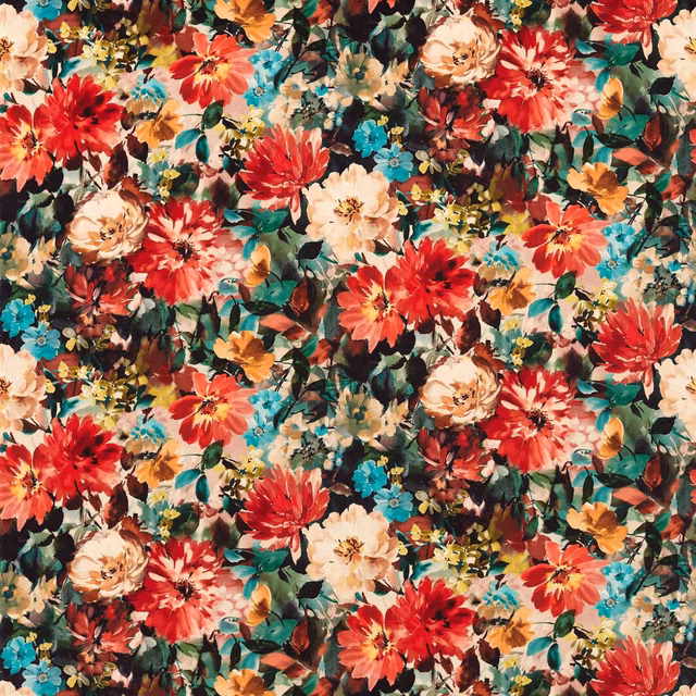 Dense Tahiti Rouge floral fabric with scarlet flowers, turquoise accents and cream blooms