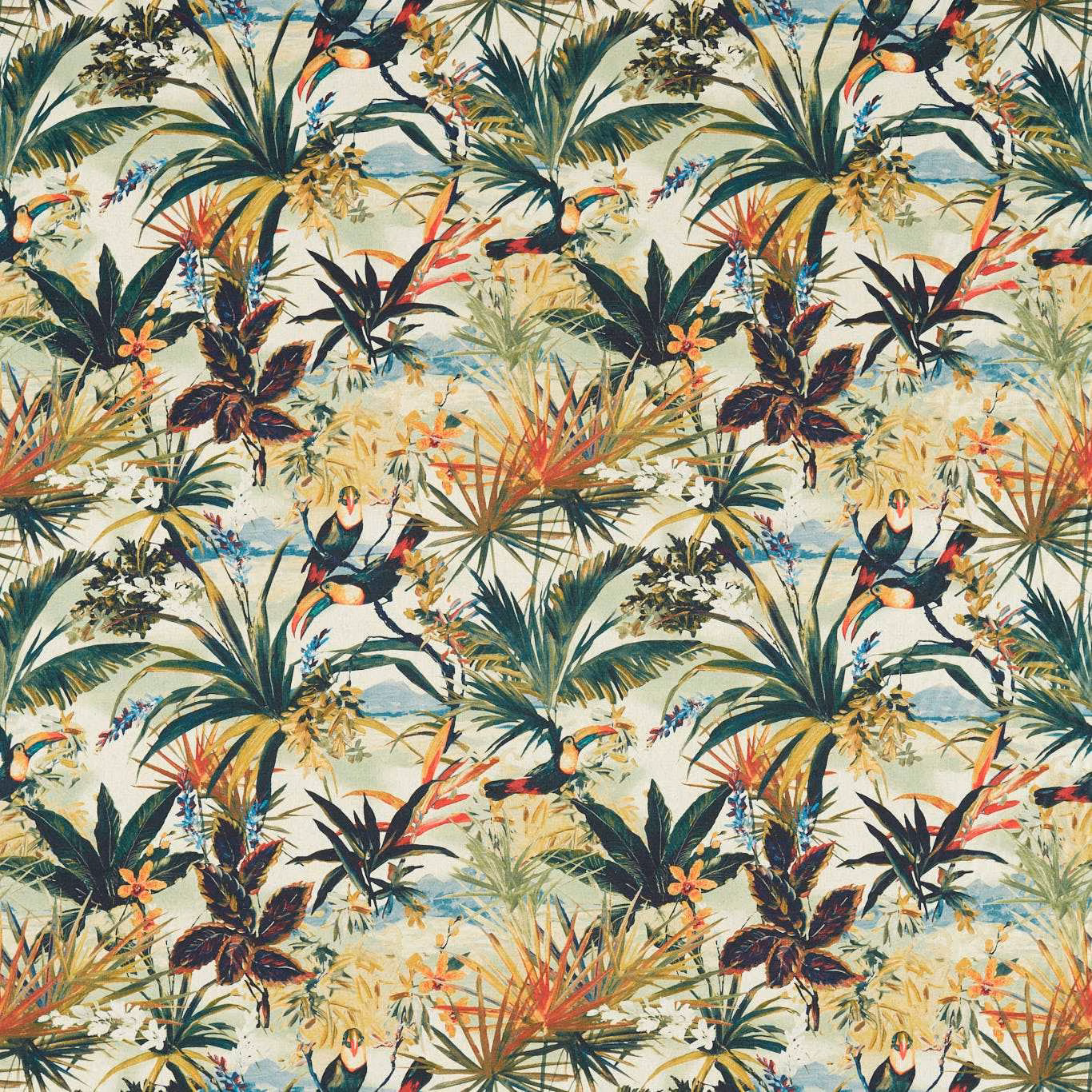 Antique cream tropical bird fabric with teal foliage, red accents and repeating jungle scenes