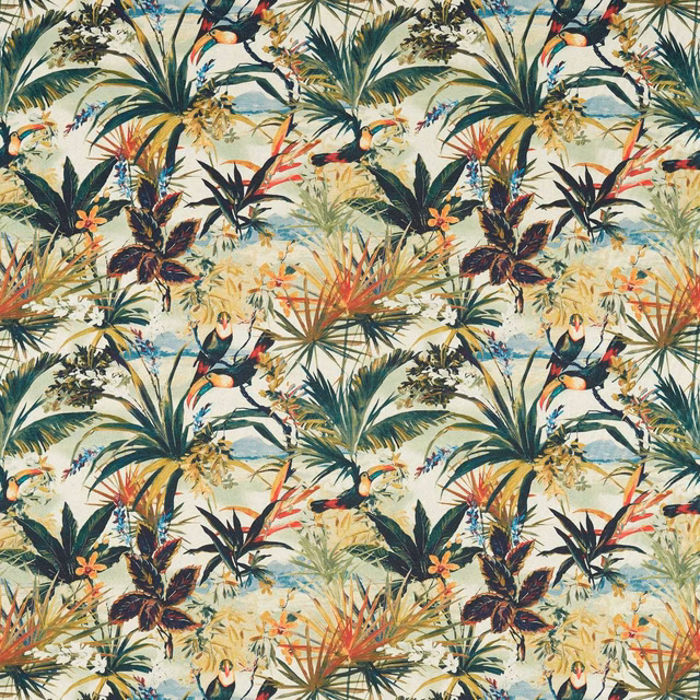 Antique cream tropical bird fabric with teal foliage, red accents and repeating jungle scenes