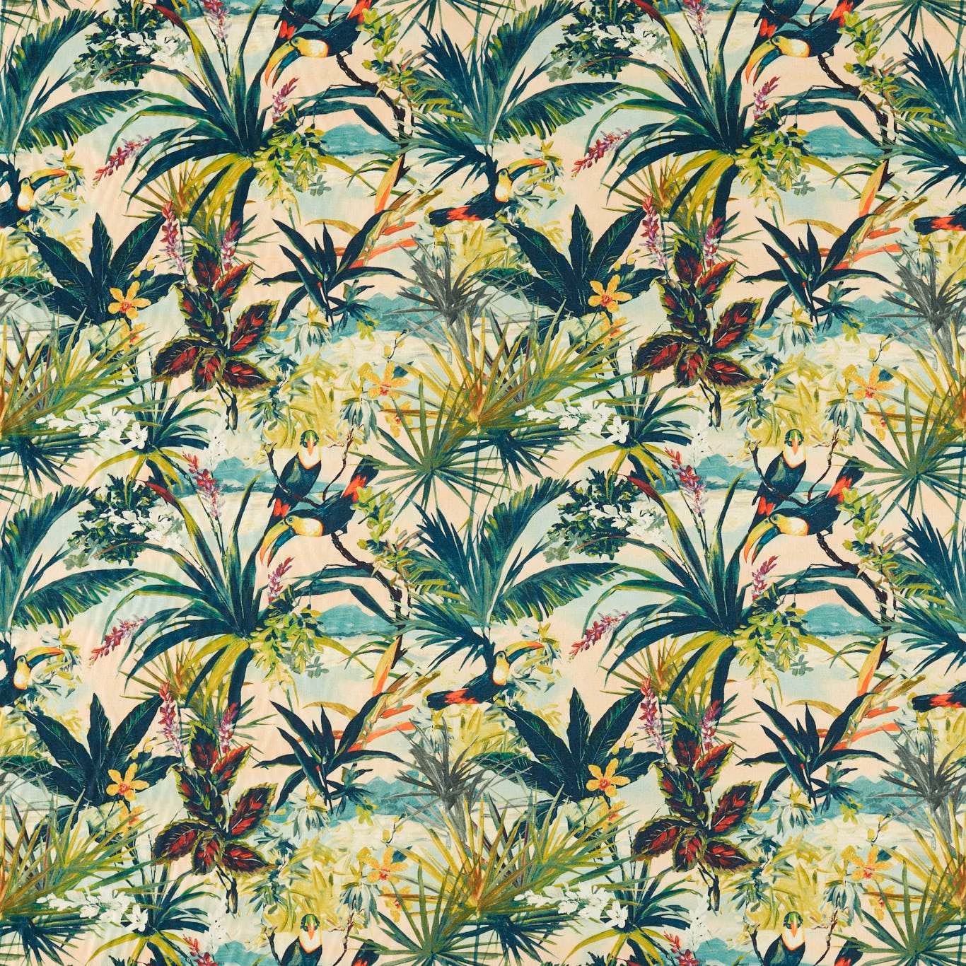 Blush-cream tropical fabric with toucans, palms and coral botanical accents
