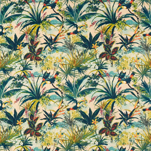 Blush-cream tropical fabric with toucans, palms and coral botanical accents