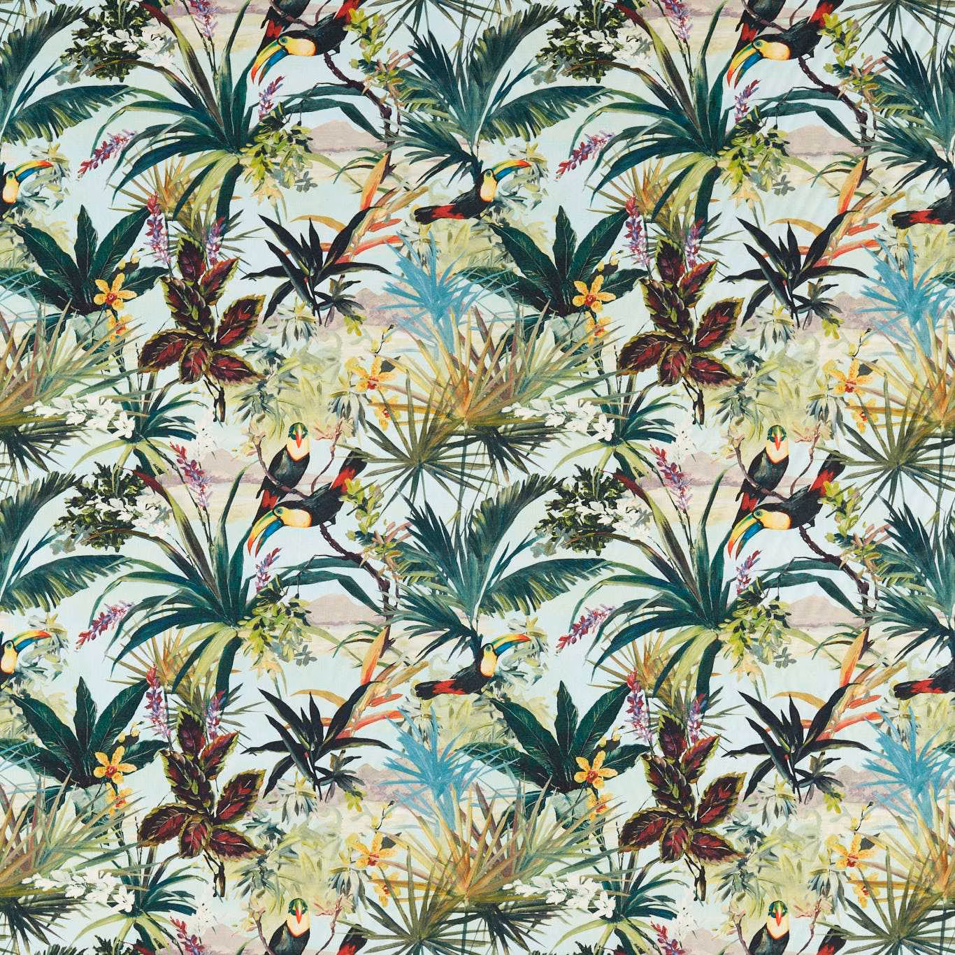 Pale aqua tropical fabric with toucans, palms and layered botanical foliage