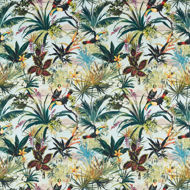 Pale aqua tropical fabric with toucans, palms and layered botanical foliage