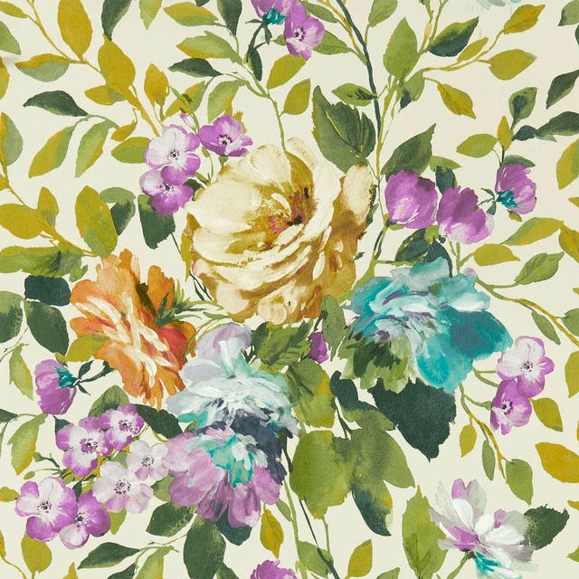Amethyst floral wallpaper with cream ground, teal blooms and loose green foliage