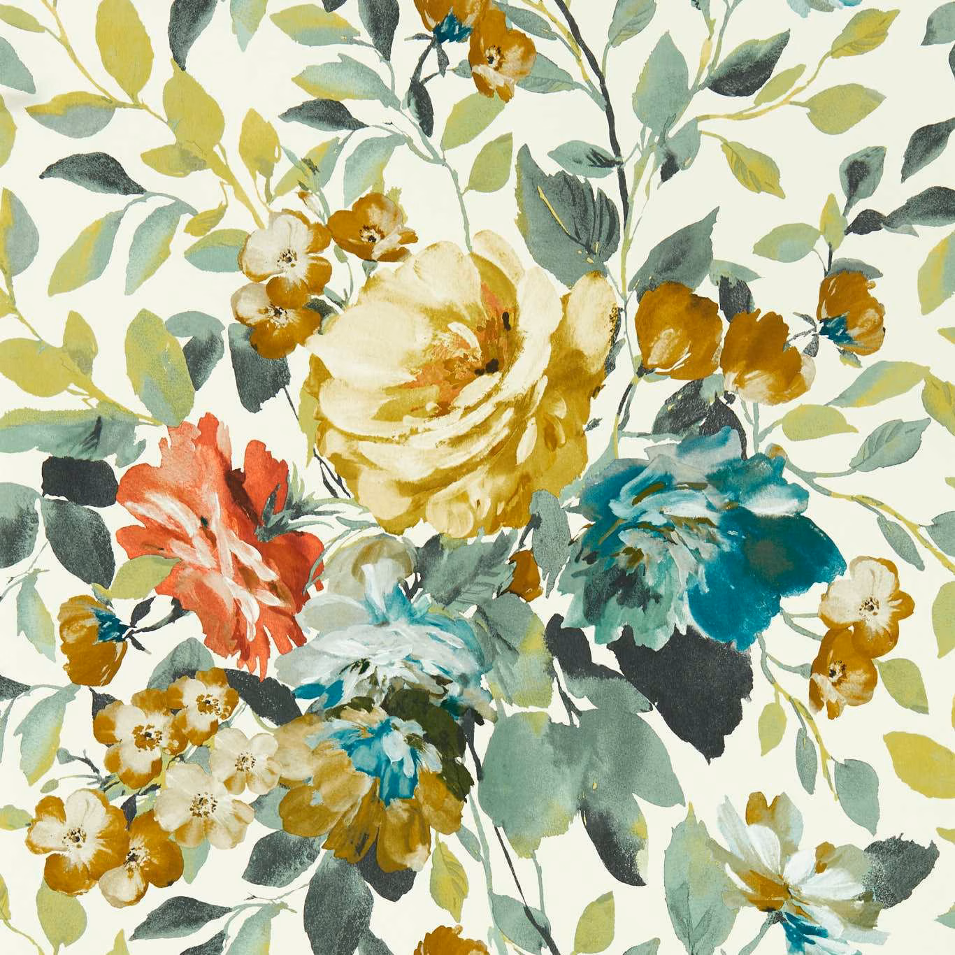 Cream floral wallpaper with ochre blooms, teal flowers, coral accents and sage leaves