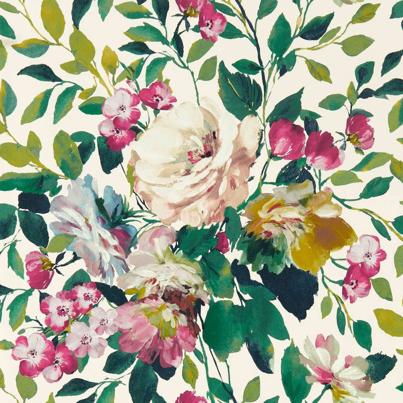 Fuchsia and raspberry blooms with teal leaves on a cream botanical wallpaper