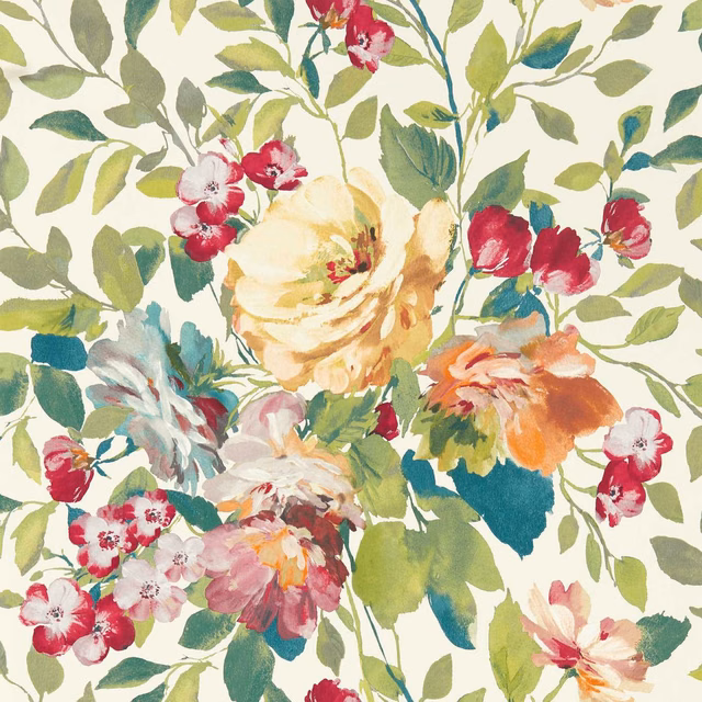 Cream-ground wallpaper with teal leaves and vivid pink, coral and yellow flowers