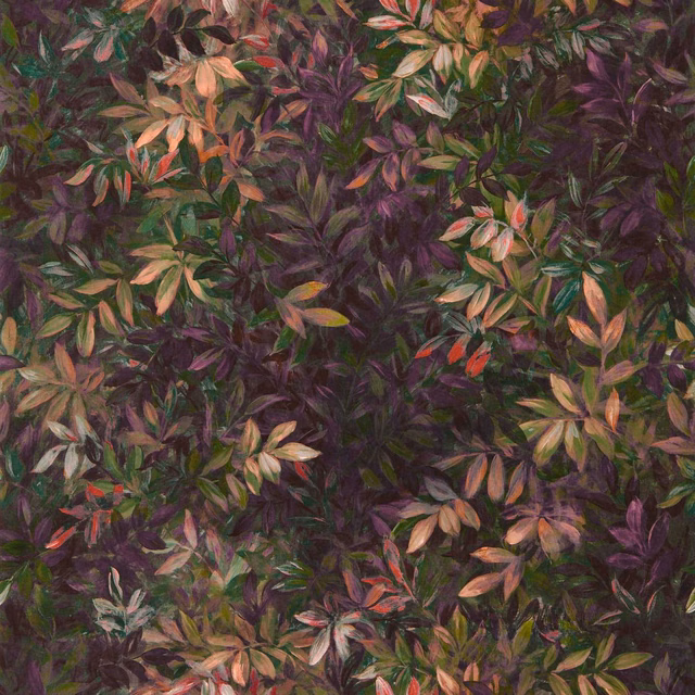 Dense painterly foliage in amethyst purple, emerald green, peach and coral