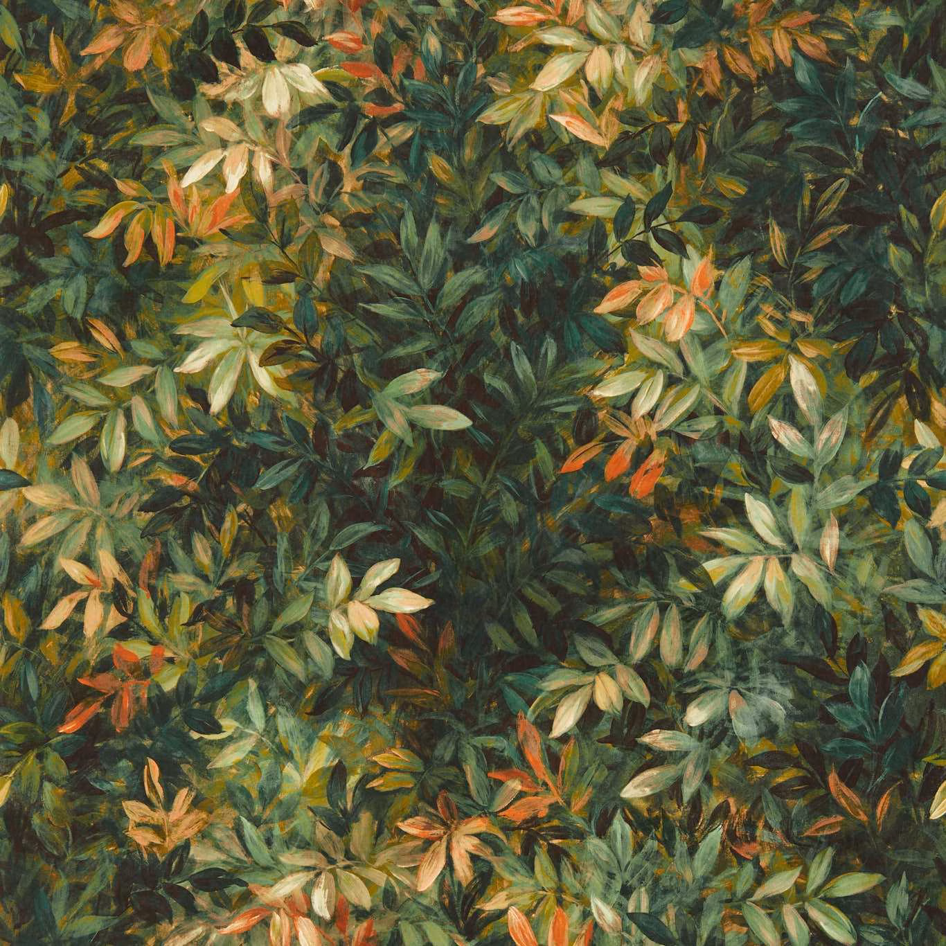 Dense painterly foliage in deep green, ochre, cream and terracotta